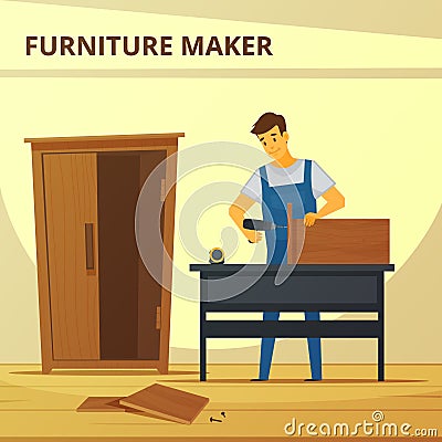 Carpenter Assembling Furniture Flat Poster Vector Illustration