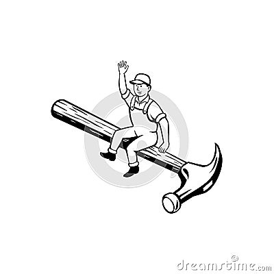 Carpenter Builder or Handyman Sitting on a Hammer Waving Hello Done in Retro Cartoon Style Vector Illustration