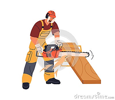 Carpenter with chainsaw sawing wood, cutting wooden plank. Joiner works with electric tool and hardwood, timber during Vector Illustration