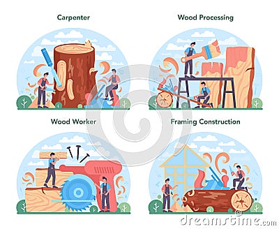 Carpenter concept set. Woodworker processing wood-block. Builder working Vector Illustration