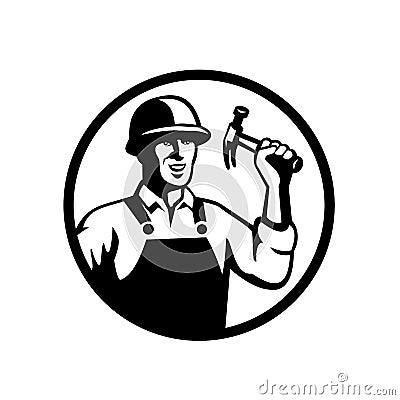 Carpenter Construction Worker Holding Hammer Circle Black and White Vector Illustration