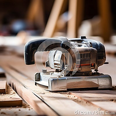carpenter cutting wood with saw, closeup shot of an electric planer for woodworking Stock Photo