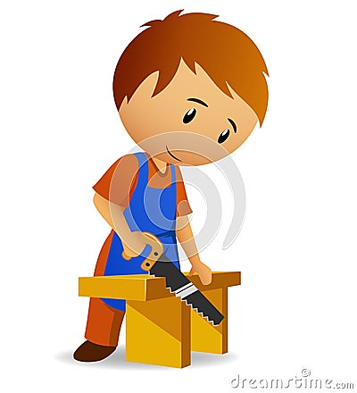 Carpenter cutting the wooden panel with handsaw Vector Illustration