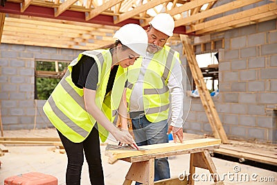 Carpenter With Female Apprentice Working On Building Site Stock Photo