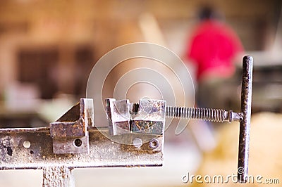 Carpenter gluing wooden planks Stock Photo