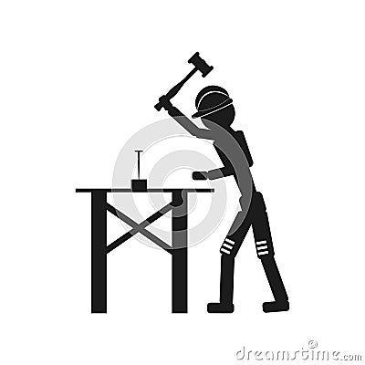 The carpenter hammers a nail Vector black icon on white background. Vector Illustration