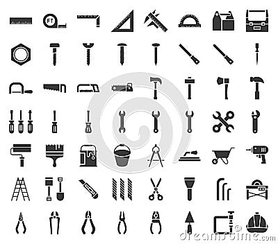 Carpenter, handyman tool and equipment icon set, glyph design Vector Illustration