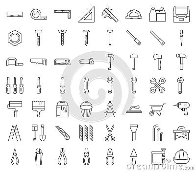 Carpenter, handyman tool and equipment icon set, outline design Vector Illustration