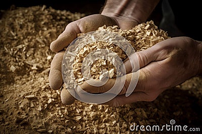 Carpenter holding sawdust in hands. Generate Ai Stock Photo