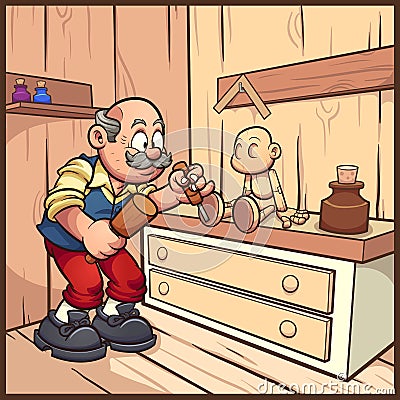 Cartoon carpenter working on a wooden marionette. Vector Illustration