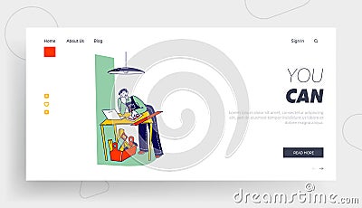 Carpenter Master Learning Online Tutorial on Laptop Landing Page Template. Handyman Male Character Watching Webinar Vector Illustration