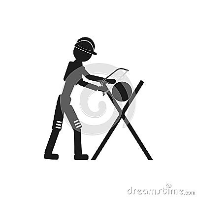 Carpenter with a saw Vector black icon on white background. Vector Illustration