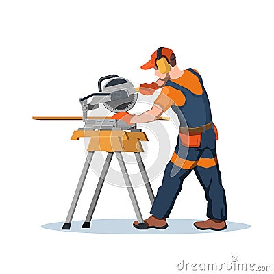 Carpenter at sawmill. Joiner working with circular saw. Construction worker uses woodworking machine. Isolated scene Vector Illustration