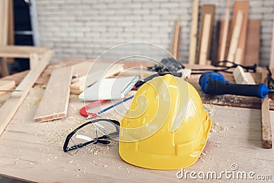 Carpenter Tool and Table Workspace in Shop House, Furniture Equipment Tools for Timber Craftsman. Carpentry Occupation and Skill Stock Photo