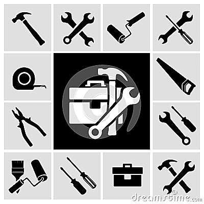 Carpenter tools black icons set Vector Illustration