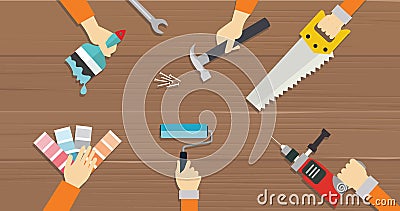 Carpenter tools construction tool repair hands saw driver flat illustration Vector Illustration