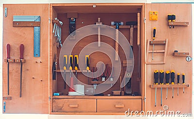 Carpenter tools in wood enclosure Stock Photo