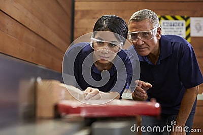 Carpenter Training Female Apprentice To Use Plane Stock Photo