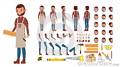 Carpenter Vector. Animated Professional Character Creation Set. Vector Illustration