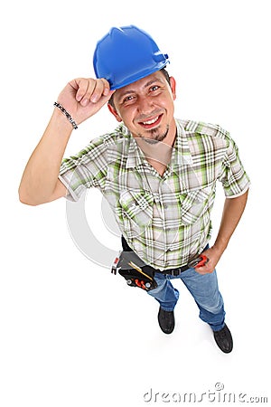 Carpenter Wearing Toolbelt Hardhat Stock Photo