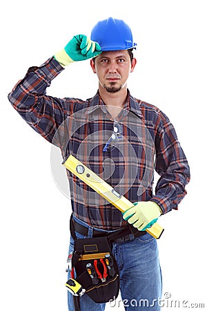 Carpenter Wearing Toolbelt Hardhat Stock Photo