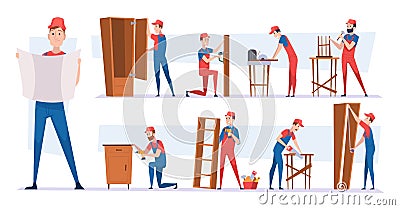 Carpenter workers. Handyman characters installing modern wooden furniture making wardrobes tables and chairs craft team Vector Illustration