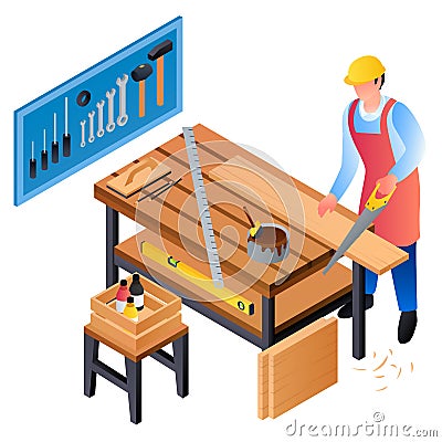 Carpenter working concept background, isometric style Vector Illustration
