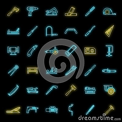 Carpenter working icon set neon Stock Photo