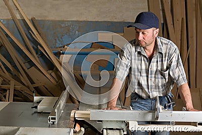 Carpenter working on woodworking machines Stock Photo