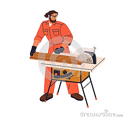 Carpenter works at circular saw table. Woodwork, carpentry with electric tool, equipment, professional machine for Vector Illustration