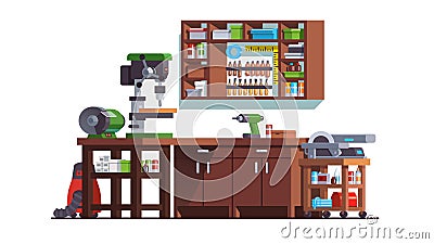 Carpenter workshop with drill and work bench Vector Illustration