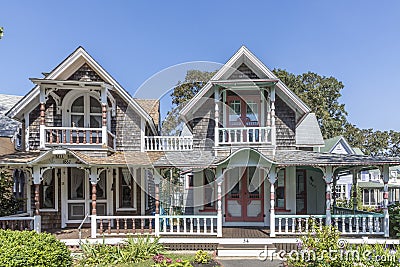 Carpenters Cottages called gingerbread houses on Lake Avenue, Oak Bluffs on Martha`s Vineyard, Massachusetts, USA Editorial Stock Photo
