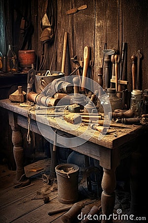 carpenters tools on wooden workbench Stock Photo