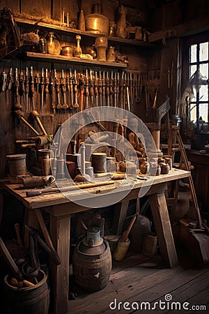 carpenters tools on wooden workbench Stock Photo