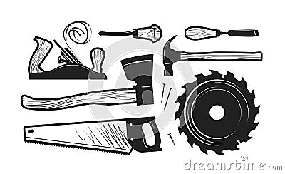 Carpentry, joinery icons. Set of tools such as axe, hacksaw, hammer, planer, disc circular saw, cutters. Vector Vector Illustration