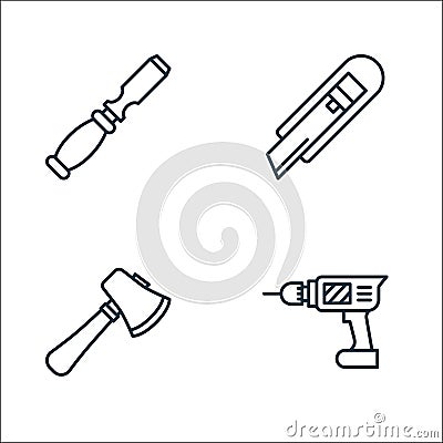 Carpentry line icons. linear set. quality vector line set such as drilling machine, axe, cutter Vector Illustration