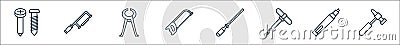 carpentry line icons. linear set. quality vector line set such as hammer, marker, auger, rasp, hacksaw, prune, hacksaw Vector Illustration