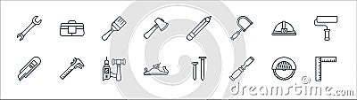 Carpentry line icons. linear set. quality vector line set such as try square, chisel, wood plane, cutter, helmet, paint brush, Vector Illustration