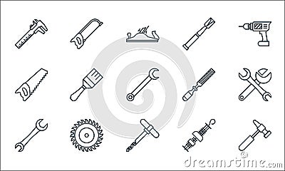 Carpentry line icons. linear set. quality vector line set such as hammer, auger, spanner, tool, saw, saw, chisel, tool, hacksaw Vector Illustration