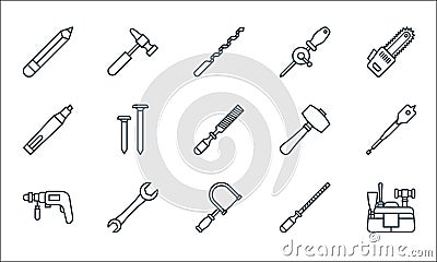 Carpentry line icons. linear set. quality vector line set such as kit, fretsaw, drill, rasp, spanner, marker, mallet, hand drill, Vector Illustration