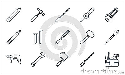 Carpentry line icons. linear set. quality vector line set such as kit, fretsaw, drill, rasp, spanner, marker, mallet, hand drill, Vector Illustration