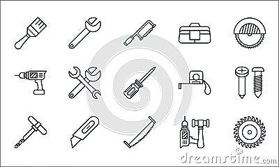 Carpentry line icons. linear set. quality vector line set such as saw, hand saw, auger, tools, cutter, drilling machine, measuring Vector Illustration