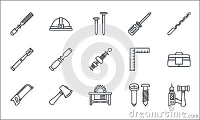 Carpentry line icons. linear set. quality vector line set such as tools, saw tool, hacksaw, screws, axe, tool, try square, Vector Illustration