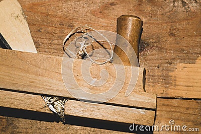 Carpentry plane. jointer close up. woodworking and crafting tools. hand tools. working instrument Stock Photo