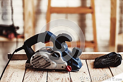 Carpentry plane tool for woodworking in workshop Stock Photo