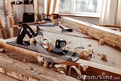 Carpentry plane tool for woodworking in workshop Stock Photo