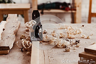 Carpentry plane tool for woodworking in workshop Stock Photo