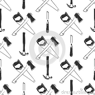 Carpentry seamless pattern with hammer, ax, saw Vector Illustration