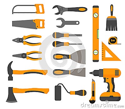 Carpentry Tools Flat Design Concept, yellow working tools collection isolated on white background Vector Illustration