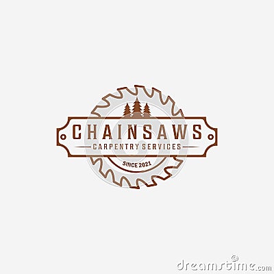 Carpentry and Wood saw Logo Vector, Chainsaws Line art Vintage Illustration, Carpenter and Wood Working Concept Design Vector Illustration